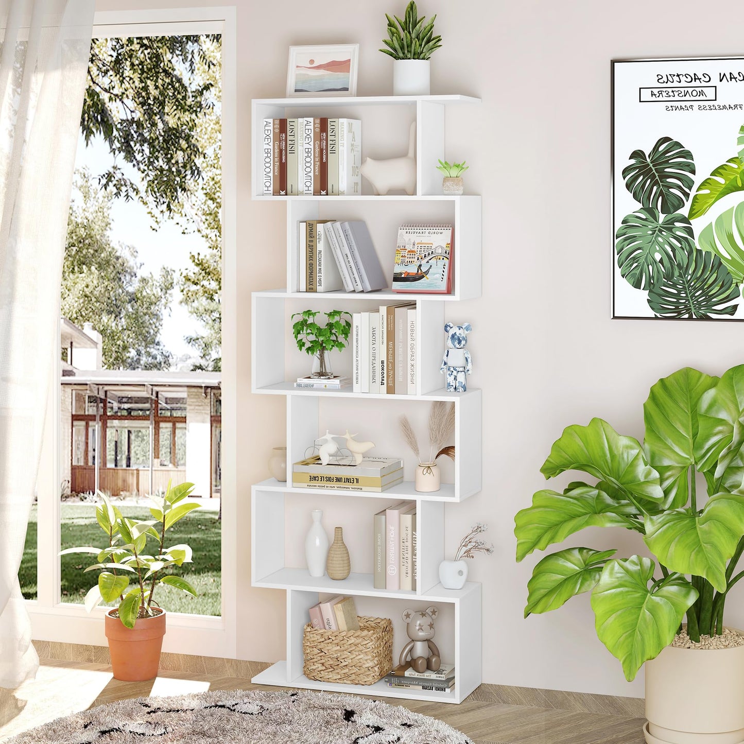 Yusong Bookshelf 6-Tier, Geometric Bookcase S Shaped Book Shelves for Bedroom, Modern Wood Decorative Display Shelf Tall Book Case for Home Office