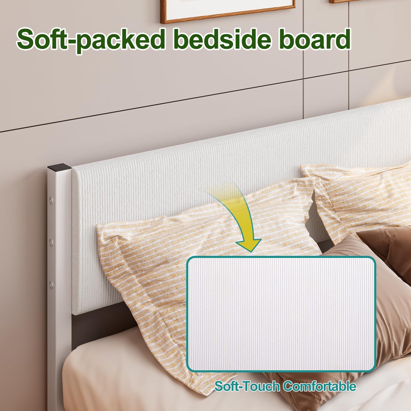 JUISSANO Upholstered Bed 140 x 200 cm Bed Frame Youth Bed Frame Bed 140 x 200 cm with Storage Space and Metal Slatted Frame, Padded Pedestal