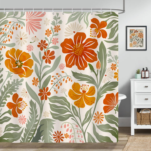 Bonhause Boho Floral Shower Curtain, Retro Flower Leaves Mid Century Modern Bathroom Curtain 180 x 180 cm Waterproof Mildew and Mould Resistant