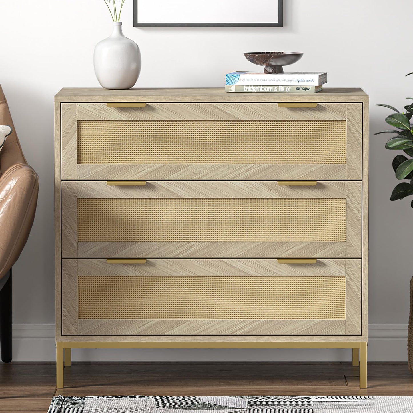 Yvsevnr Rattan Bedroom Dresser Chest of Drawers Anti-Tipping Wooden Herringbone Closet Dressers Large Nightstand Metal Handles Bedside Storage