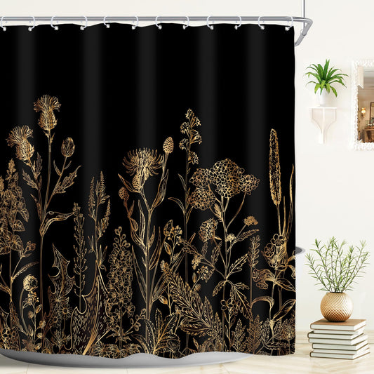 Riyidecor Black Gold Dark Floral Wildflower Shower Curtain for Bathroom Decor 72Wx72H Rustic Botanical Herbs Plant Leaves Vintage Nature Art Printed