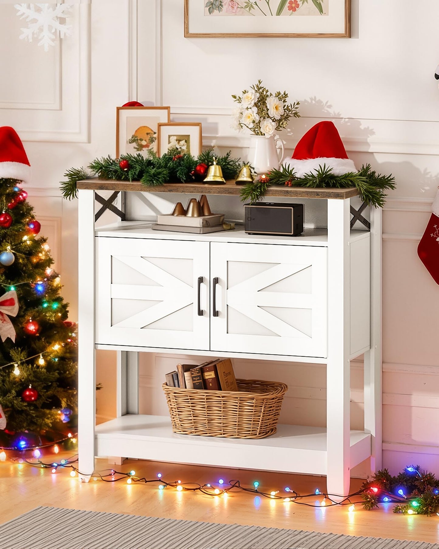 CHOEZON Vintage Console Table, Farmhouse Kitchen Sideboard Cabinet with Power Outlet, Kitchen Sideboards with Open Storage Shelves, for Entrance