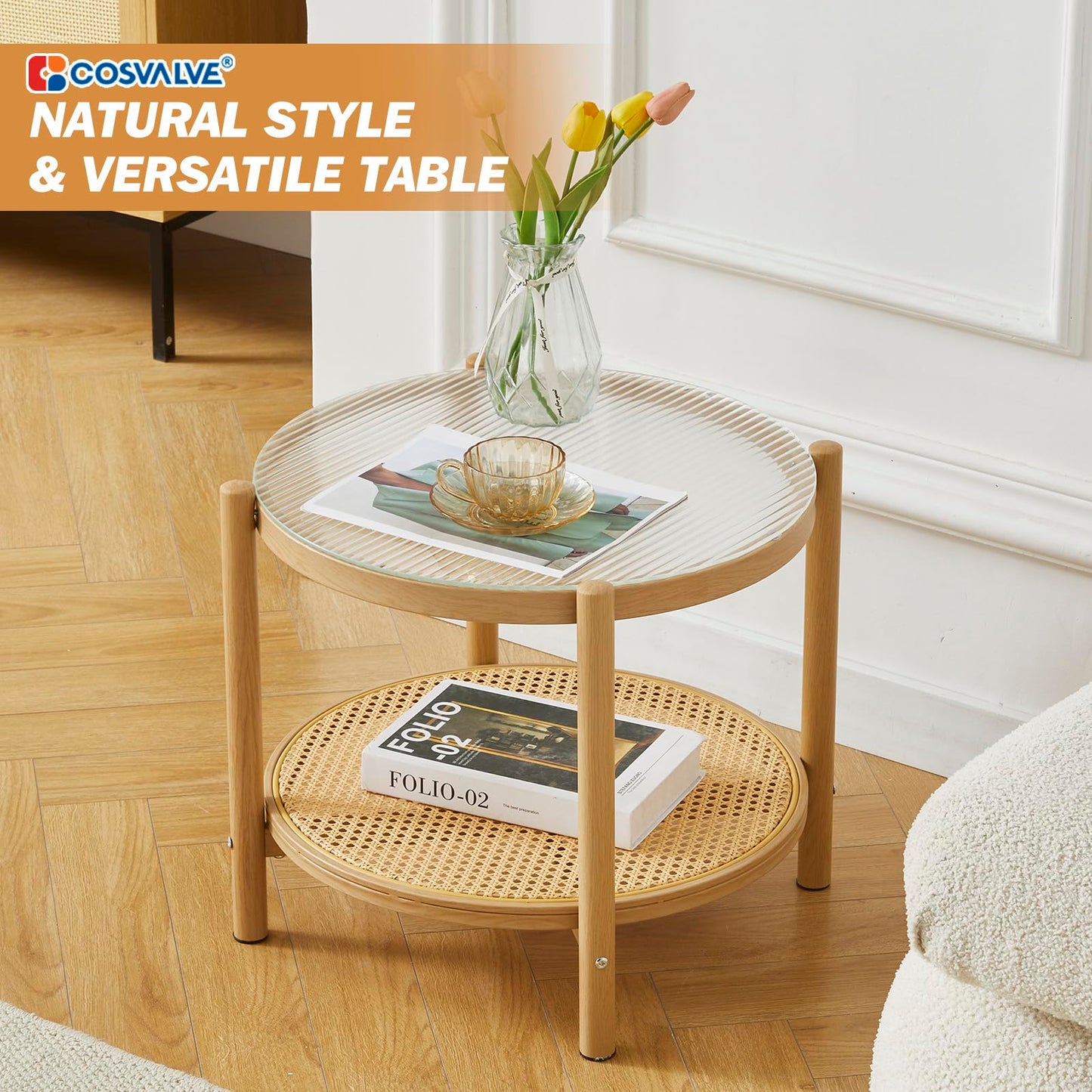 COSVALVE Boho Rattan Coffee Table Small Round, Glass Metal Side Table