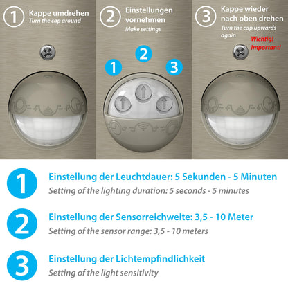 ledscom.de 2 pcs. Wall Light PORU for Outdoors, IP44, Motion Detector, Stainless Steel, Stainless Steel matt, Round, 1x E27 max. 15W