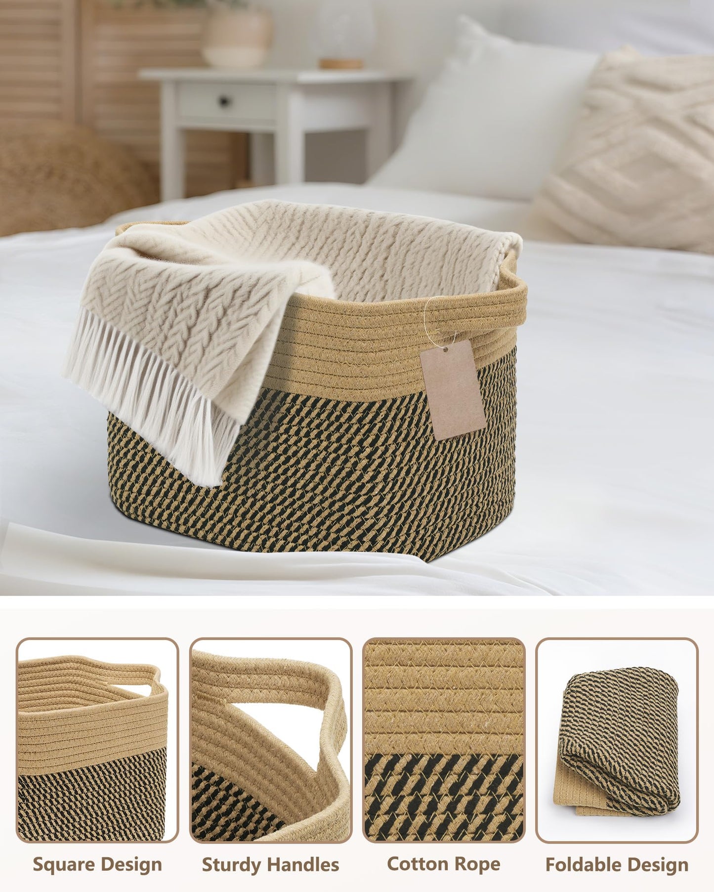 JOJOSEE Small Cotton Woven Storage Basket for Shelves, Black&Brown, 3PCS