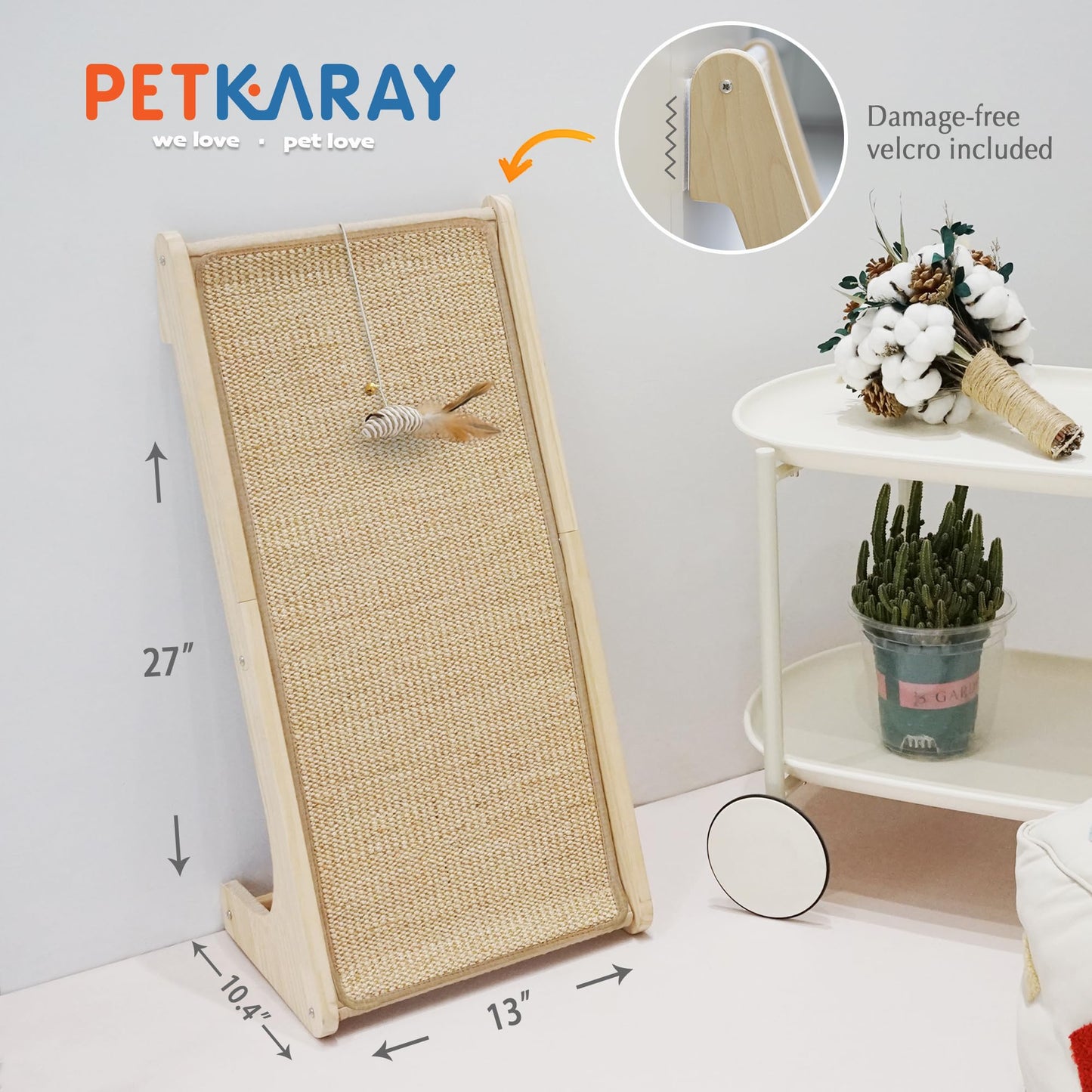 PETKARAY Sisal Cat Scratcher Ramp, L Shape Scratch Pad for Indoor Cats, 27" Wall Furniture Protector With Mouse Toy