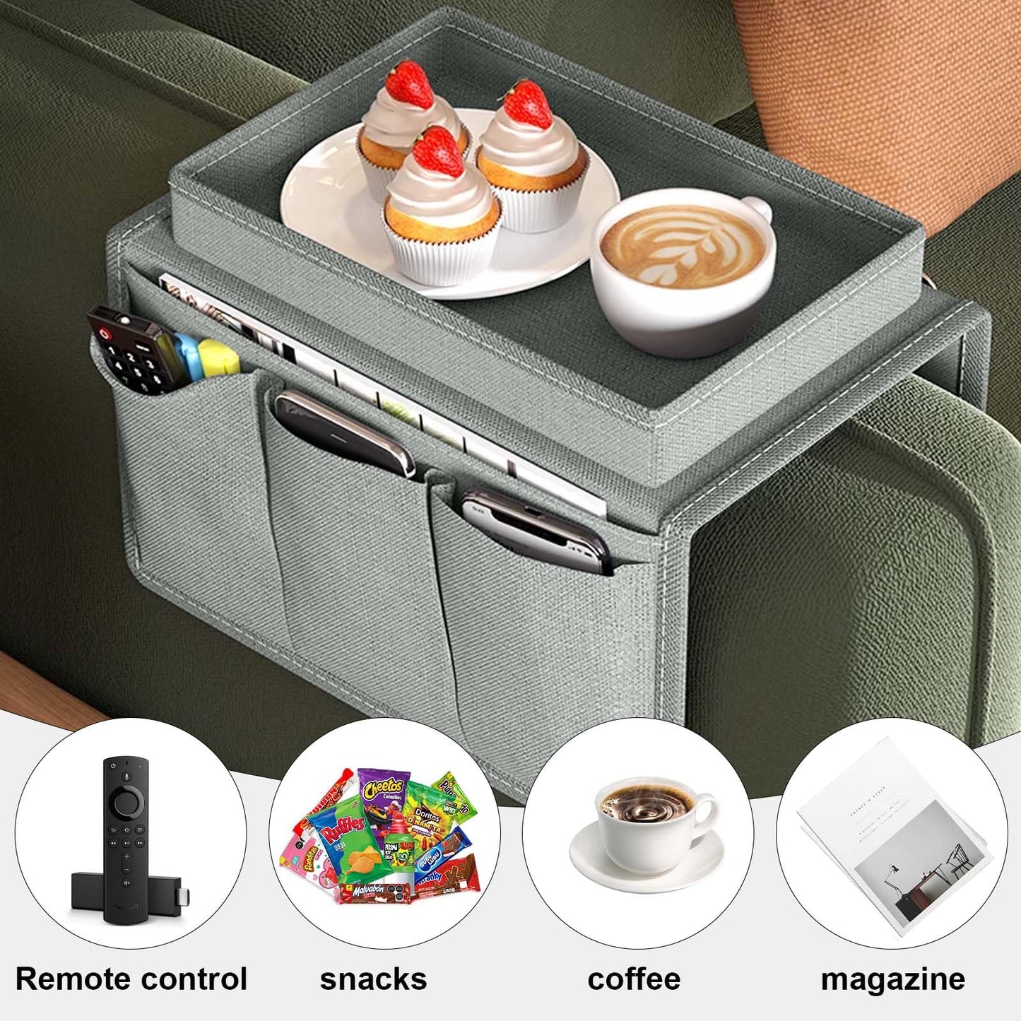 Sofa Armrest Organizer, Couch Caddy Arm Hanging Storage Bag With Cup Holder Tray, Anti-slip Armchairs Bedside Caddy Pouch Sofa Tidy Table for TV