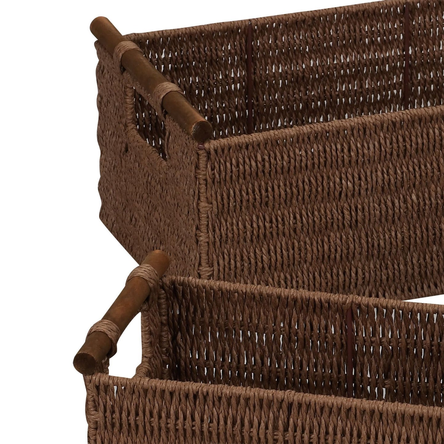 Household Essentials ML-7050 Paper Rope Wicker Storage Baskets with Wood Handles | Set of 3 | Dark Brown Stain