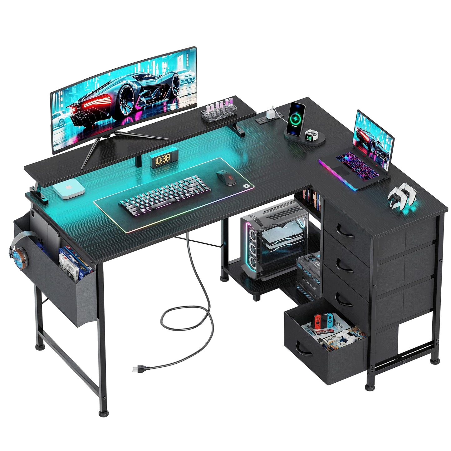 VERMESS Corner Desk with 4 Drawers, L Shaped Computer Desk with LED Lights & Power Outlets