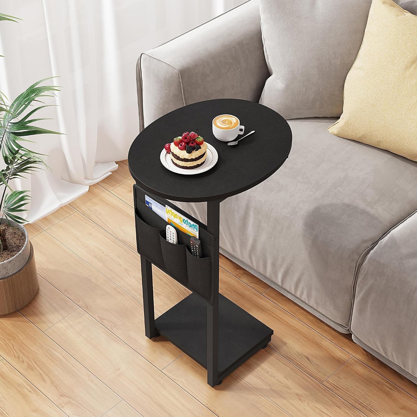 Vagusicc C Shaped End Table, Small Couch Side Tables with Metal Frame that Slide Under Sofa Table TV Tray for Living Room, Bedroom, Black
