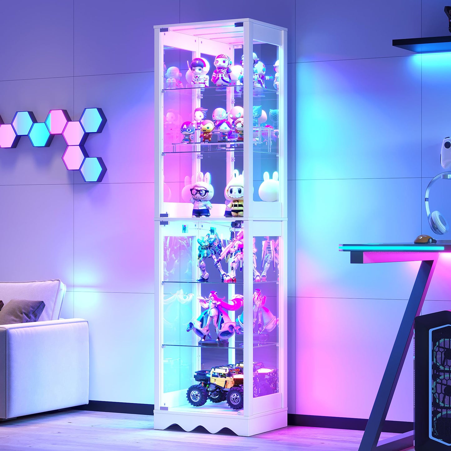 FREDEES Glass Display Cabinet with RGB Lights, 6 Tiers, White