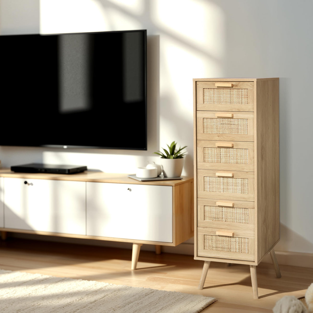 Finnhomy Rattan Chest of Drawers Bedroom, Tall Chester of Drawers with 6 Hand Made Rattan Decorated Drawers for Bedroom