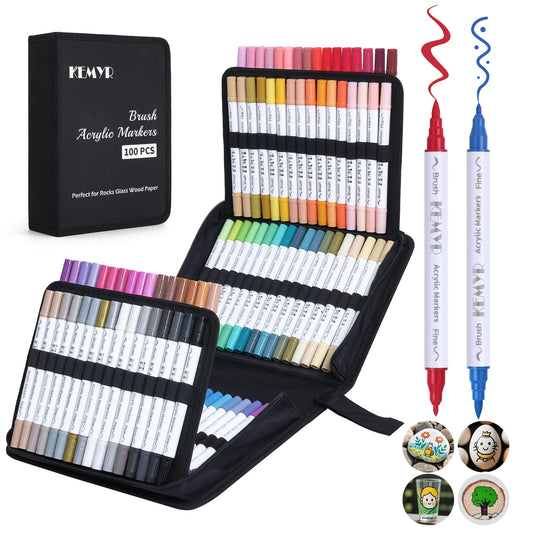 KEMYR 100 Colors Acrylic Paint Pens, Dual Tip Acrylic Paint Markers for Paper, Wood, Canvas, Stone, Rock Painting, Glass, Fabric, DIY, Ceramic, Art