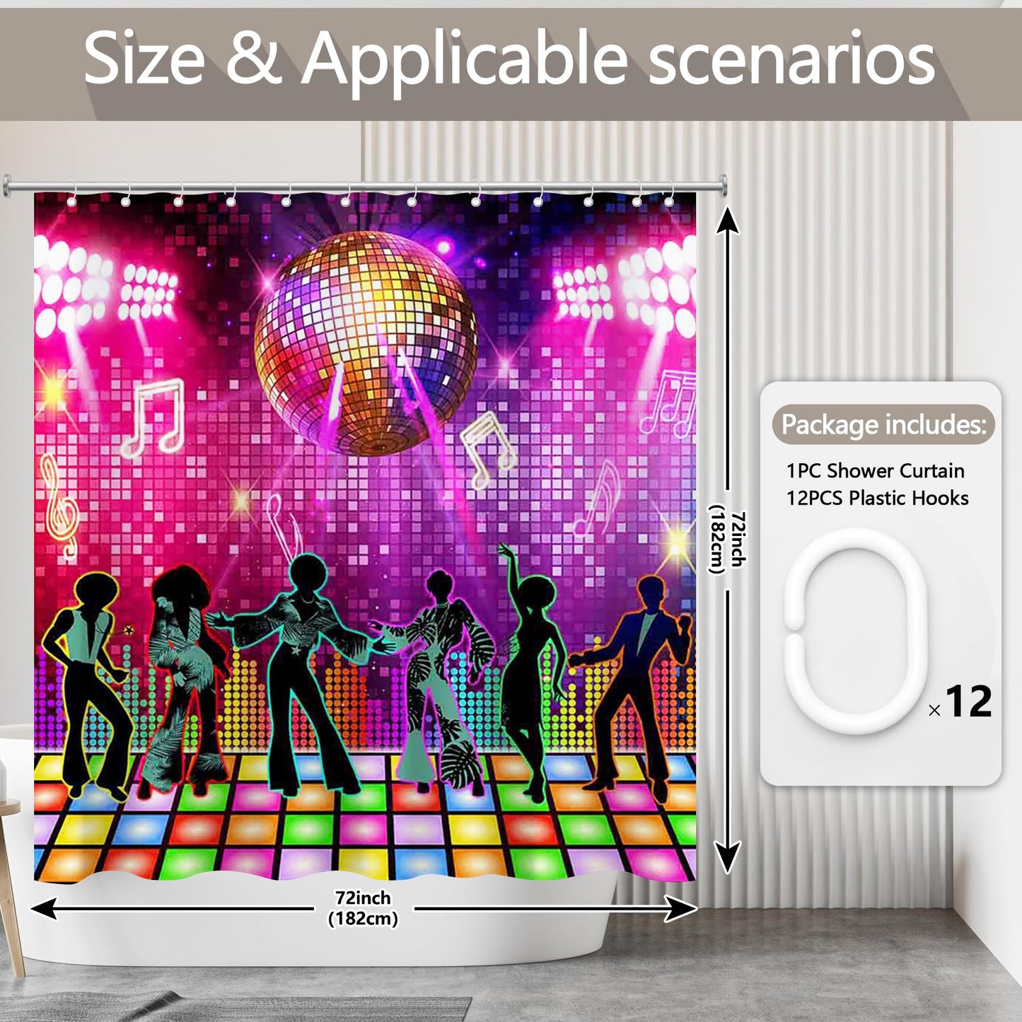 Luminora Retro 70s 80s 90s Disco Night Shower Curtain for Bathroom