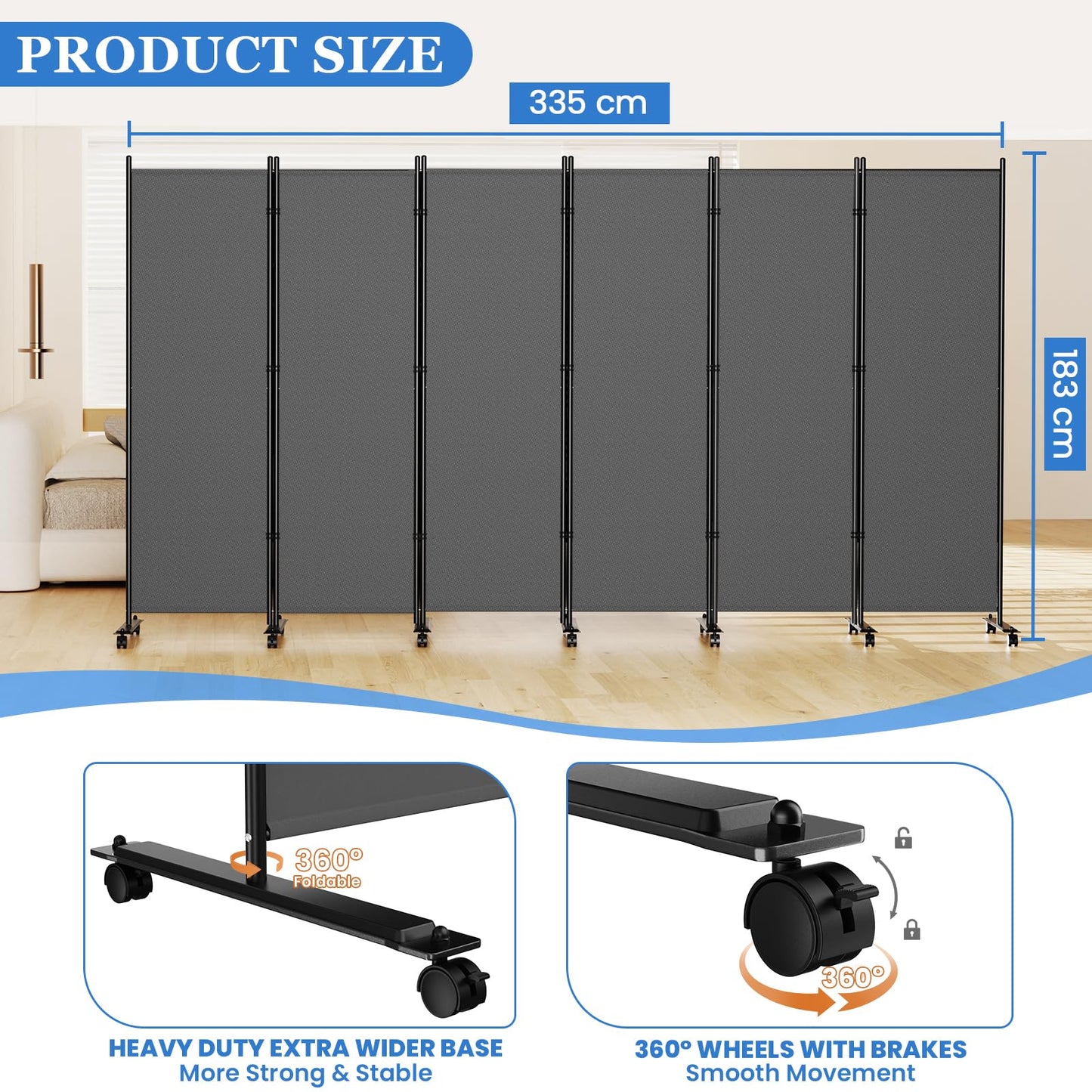 6 Panel Room Divider 183CM Folding Privacy Screens with Lockable Wheels