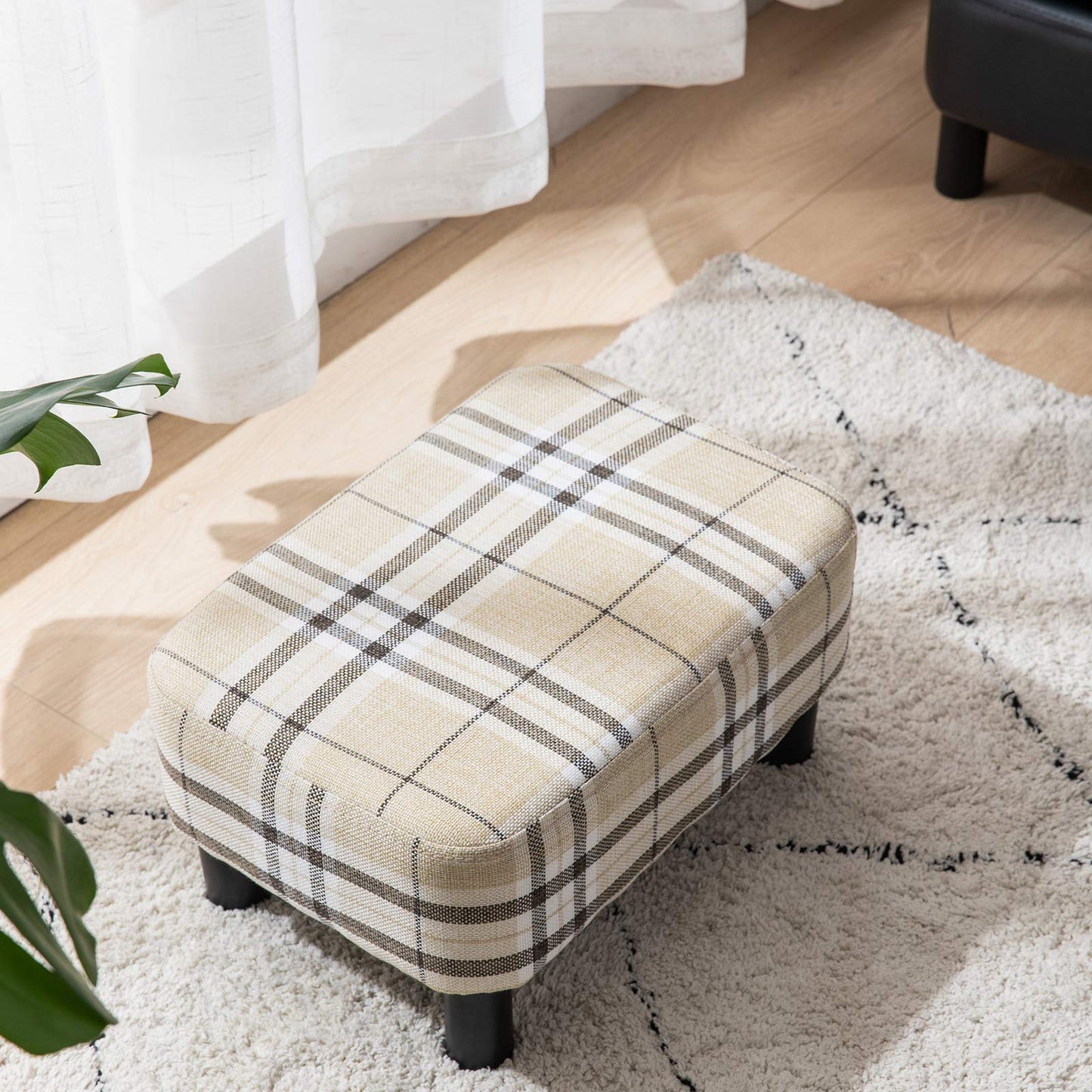 IBUYKE 16.54" Small Footstool Linen Fabric Pouf Ottoman Footrest Modern Home Living Room Bedroom Rectangular Stool, with Padded Seat Pine Wood Legs