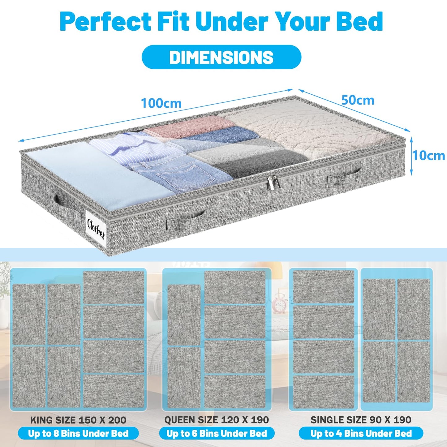 Underbed Storage Bags 2 Pack, 10cm Tall Large Under Bed Storage Box with zip, Foldable Shallow Wardrobe Storage Organiser with Clear Window &