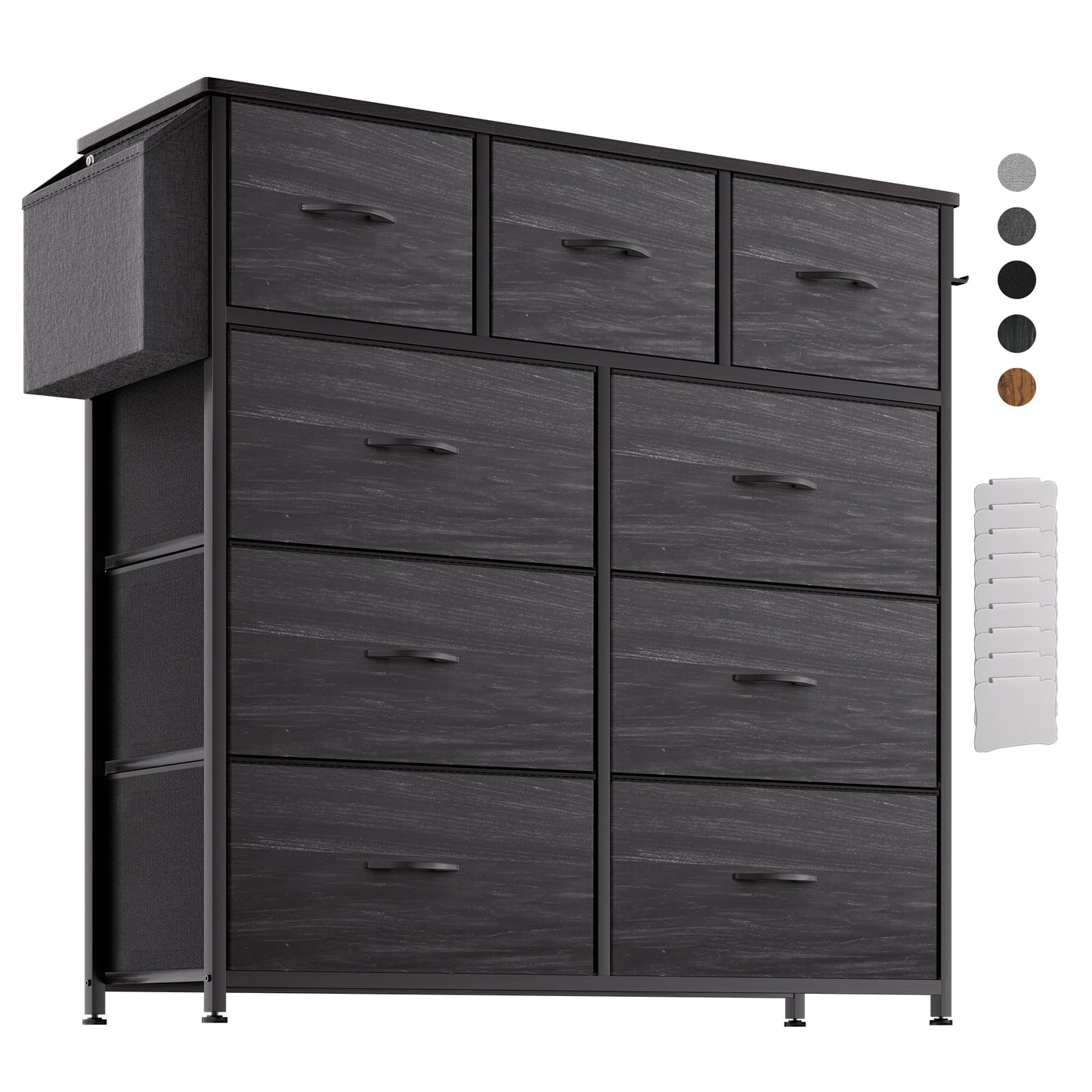 PURFINO Fabric Chest of Drawers - Canvas Storage Unit with 9 Drawers, Label Cards, Side Pocket & Hook for Living Room, Hallway, Bedroom