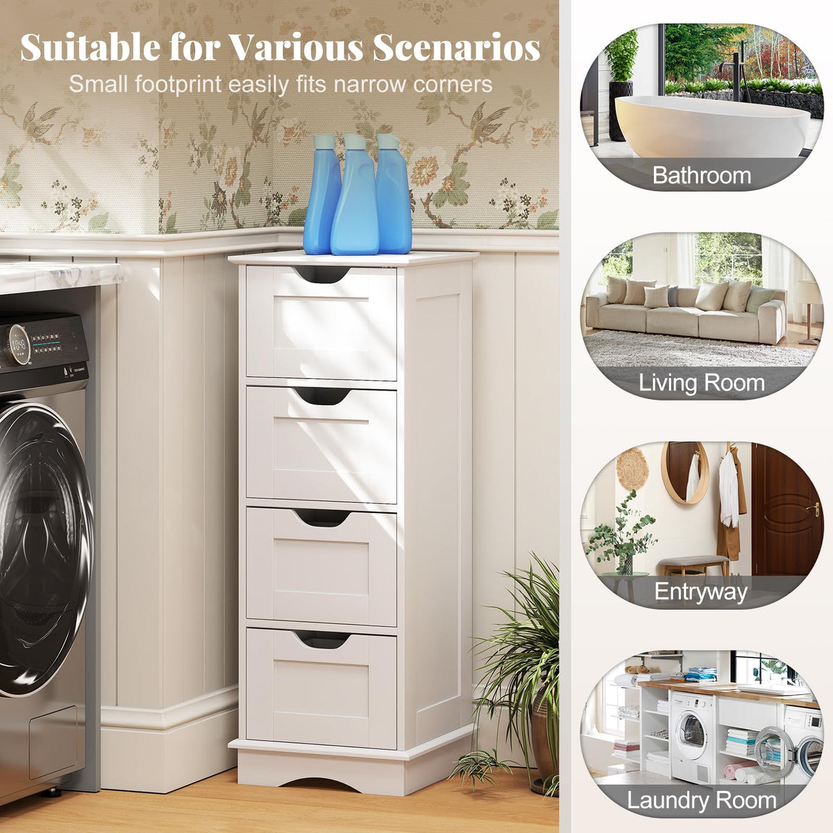 RELAX4LIFE Bathroom Floor Cabinet, Wooden Side Cabinet Narrow Storage Cupboard with 2/4 Drawers