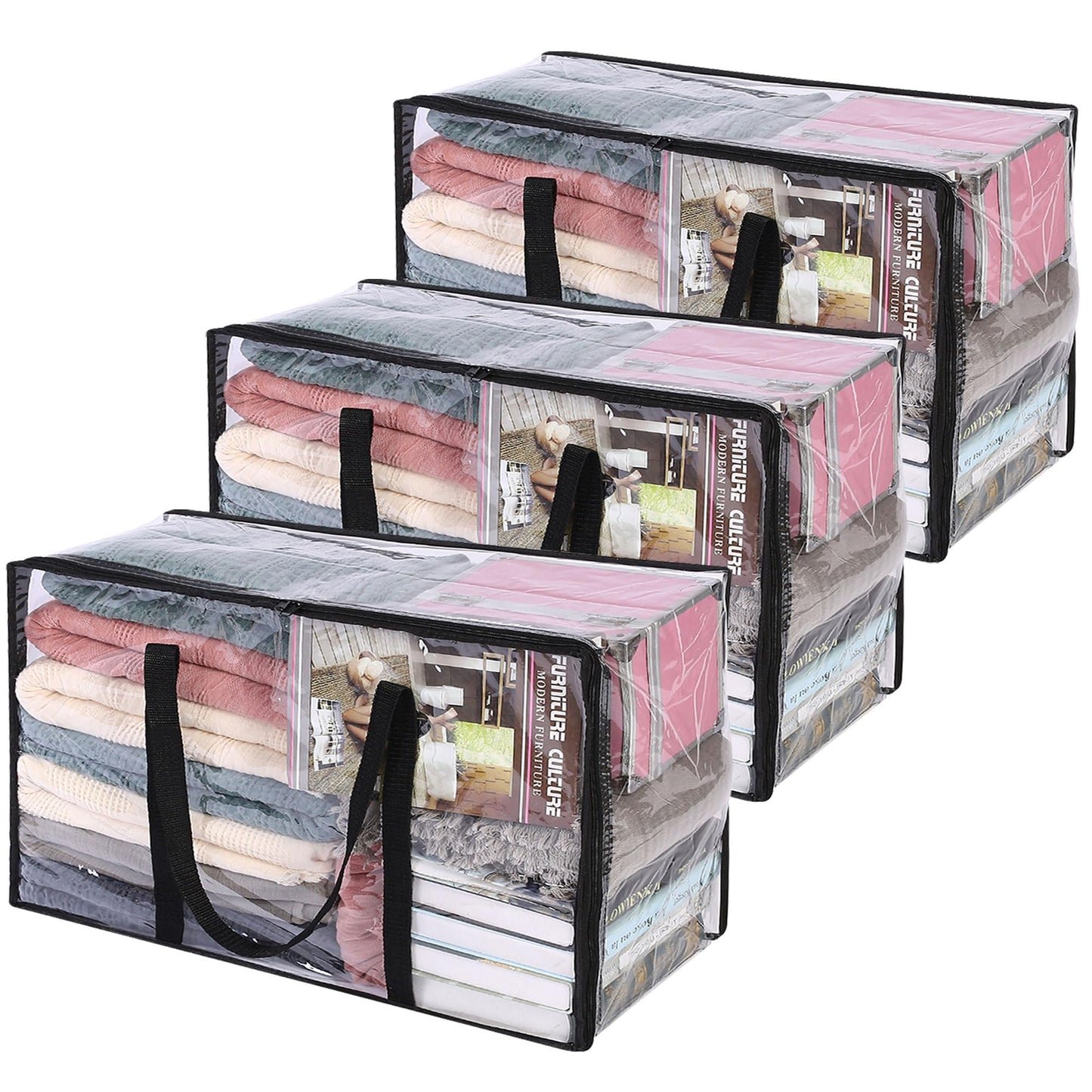 Vieshful 3 Pack Clear Comforter Storage Bag, 60L Clothes Storage Bag with Zipper Closet Organizer