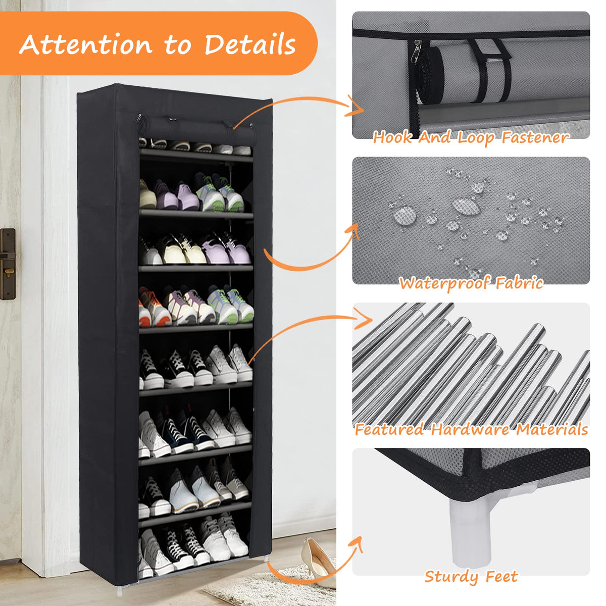 Rainberg 10 Tier Shoes Rack with Dustproof Cover, Shoe Storage Cabinet, Shoe Organizer, Easy to Assemble, Hold up to 25-30 Pairs