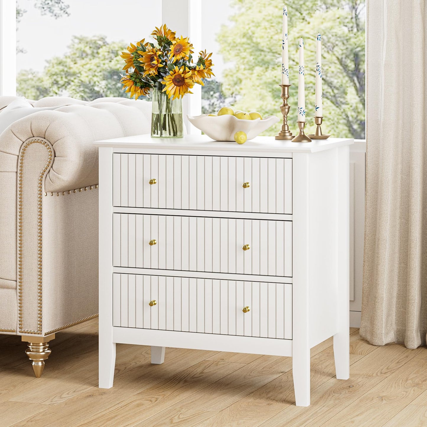 Apetaccat Large Bedside Table Bedroom, 3 Drawer Chest of Drawers, Bedside Cabinet With Metal Handles,for Bedroom Livingroom,Hallway,White