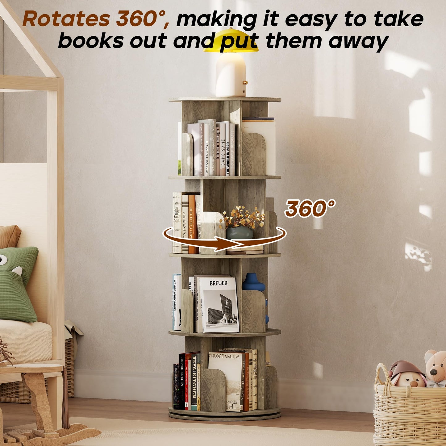 Quikraen 4-Tier Rotating Bookshelf，360° Rotating Storage Rack，Oak Color