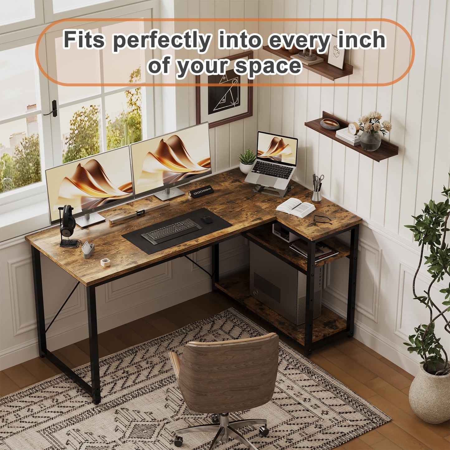JUMMICO Small L Shaped Desk 100x80cm with Storage, Corner Computer Desk with Reversible Shelf, Sturdy Office Desk & Workstations for Home Office