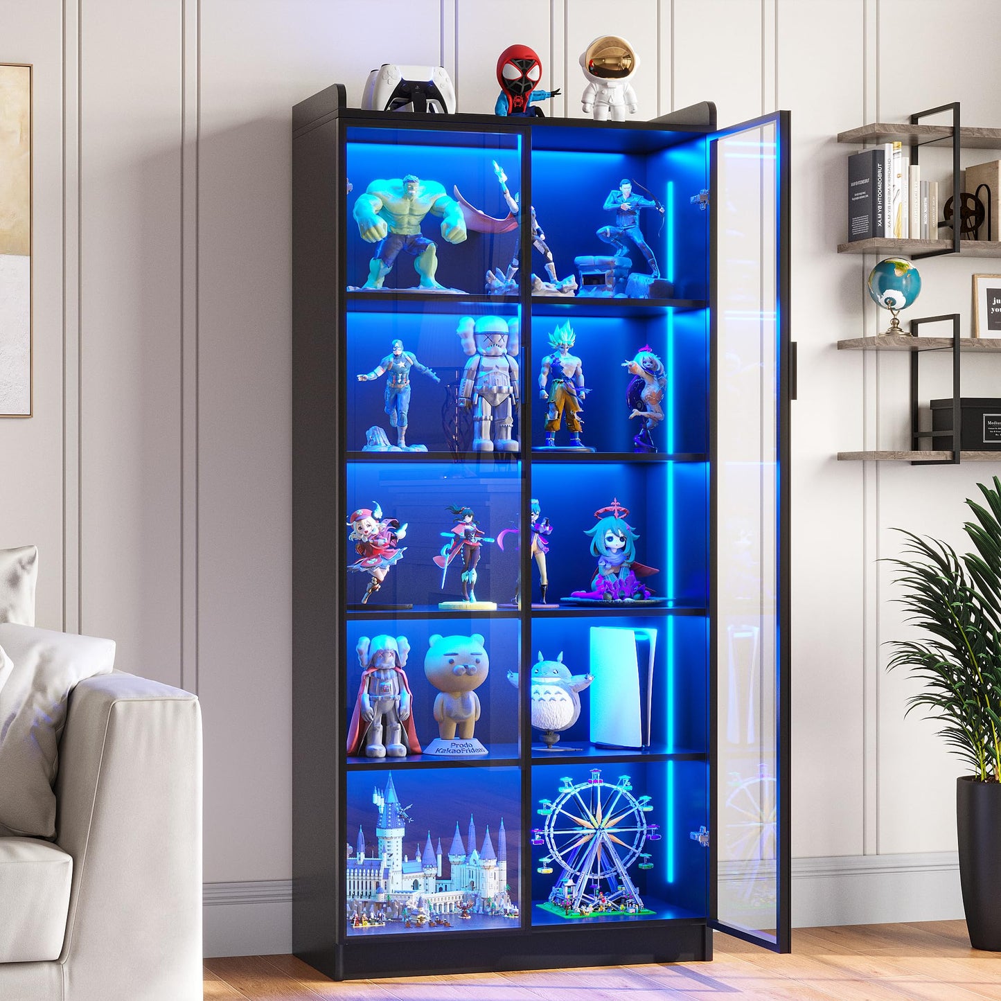 FREDEES LED Display Cabinet with 2 Doors and Adjustable Shelf, 165CM, Black