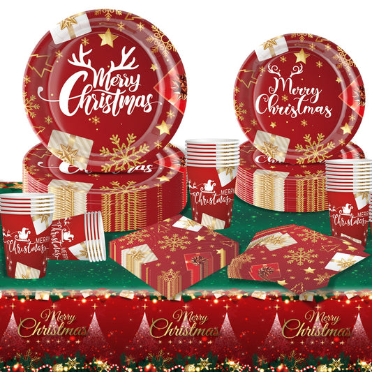 Meriviva 97 Pcs Christmas Party Tableware, Christmas Paper Plates Set with Paper Plates and Napkins Cups Tablecloth Party Table Decorations