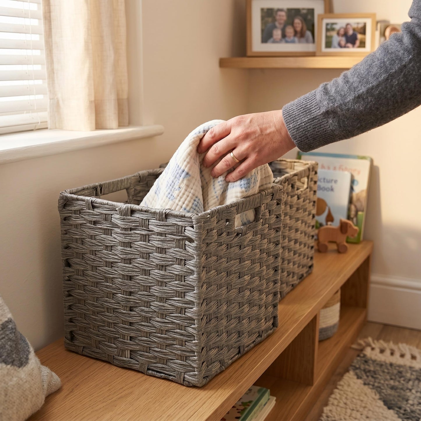 SOCOHOME Cube Storage Box,31x31x31cm Faux Rattan Boxes for Toy Clothes Shelf Nursery Closet Waterproof,Non-Mouldy(Grey, 4 Pcs)
