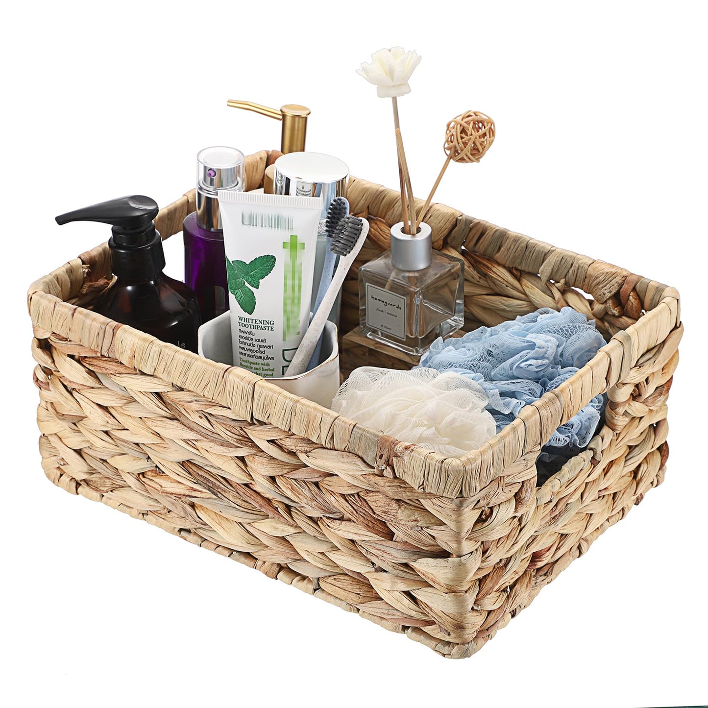 OGANAZI Natural Water Hyacinth Baskets with Handles, 30.5 * 23 * 13cm
