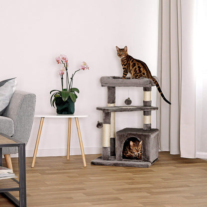 lionto Scratching tree for cats with cozy lying area & cave, height 75 cm, cat tree with sisal rope & soft plush, 2 plush balls incl. bells, suitable