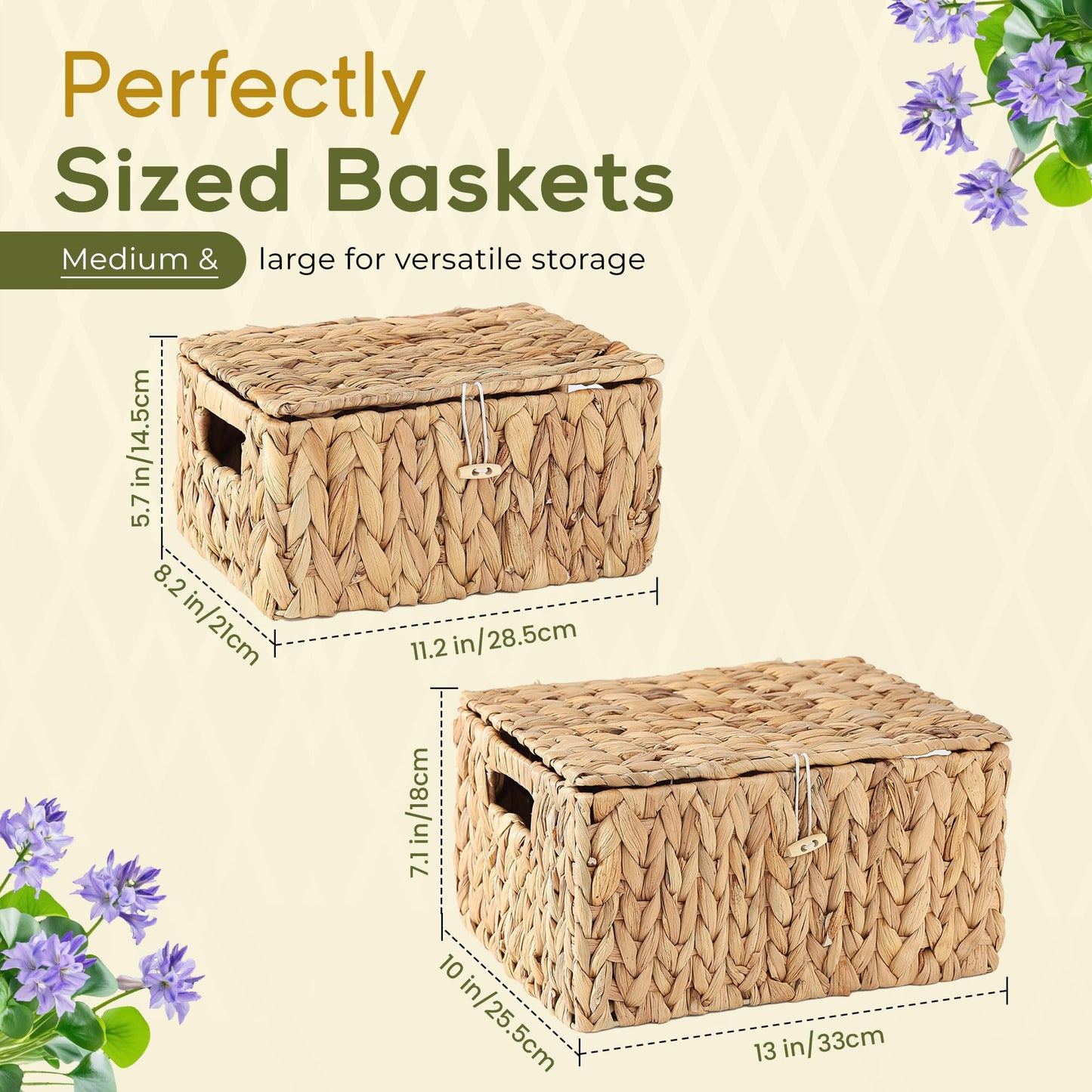 MOOKOMI set of 2 wicker basket with lid - water hyacinth storage baskets, woven basket with lid for organizing