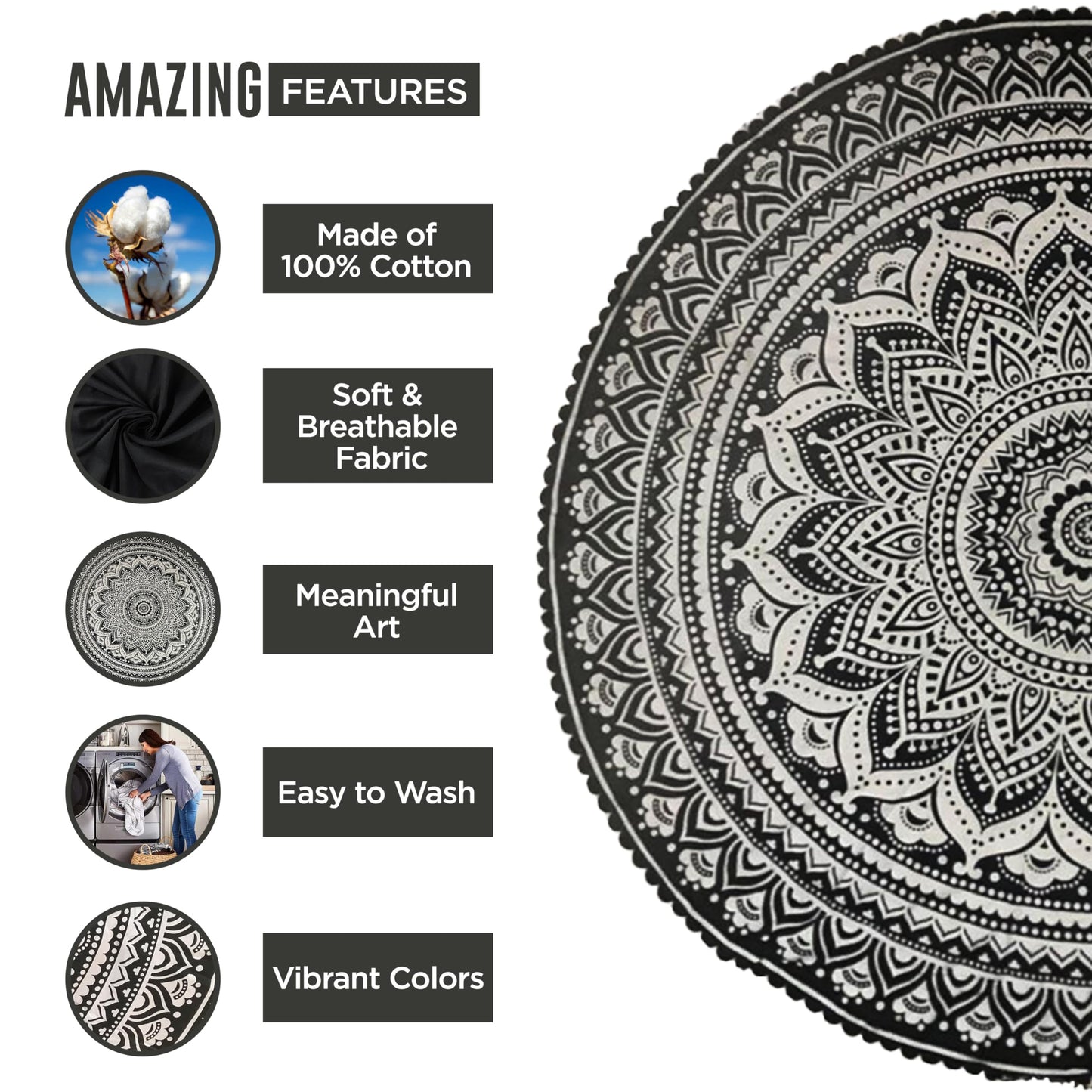 raajsee Grey Black Round Beach Tapestry Hippie/Boho Beach Blanket Mandala/Indian Cotton Throw