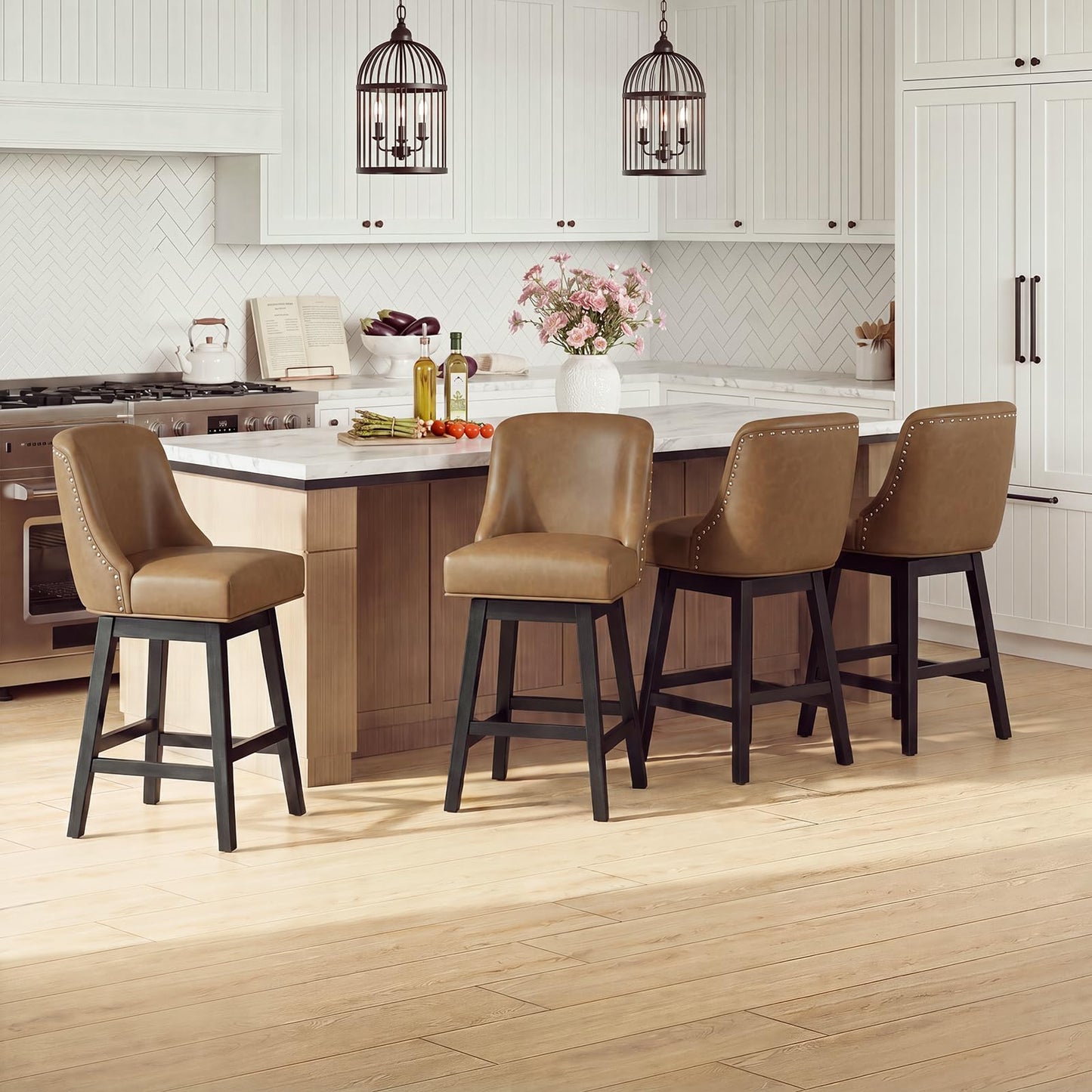 Bar Stools Set of 4, 360° Swivel Upholstered Counter Stools with Back, Wooden Frame Kitchen Bar Chairs with Nailhead Trim