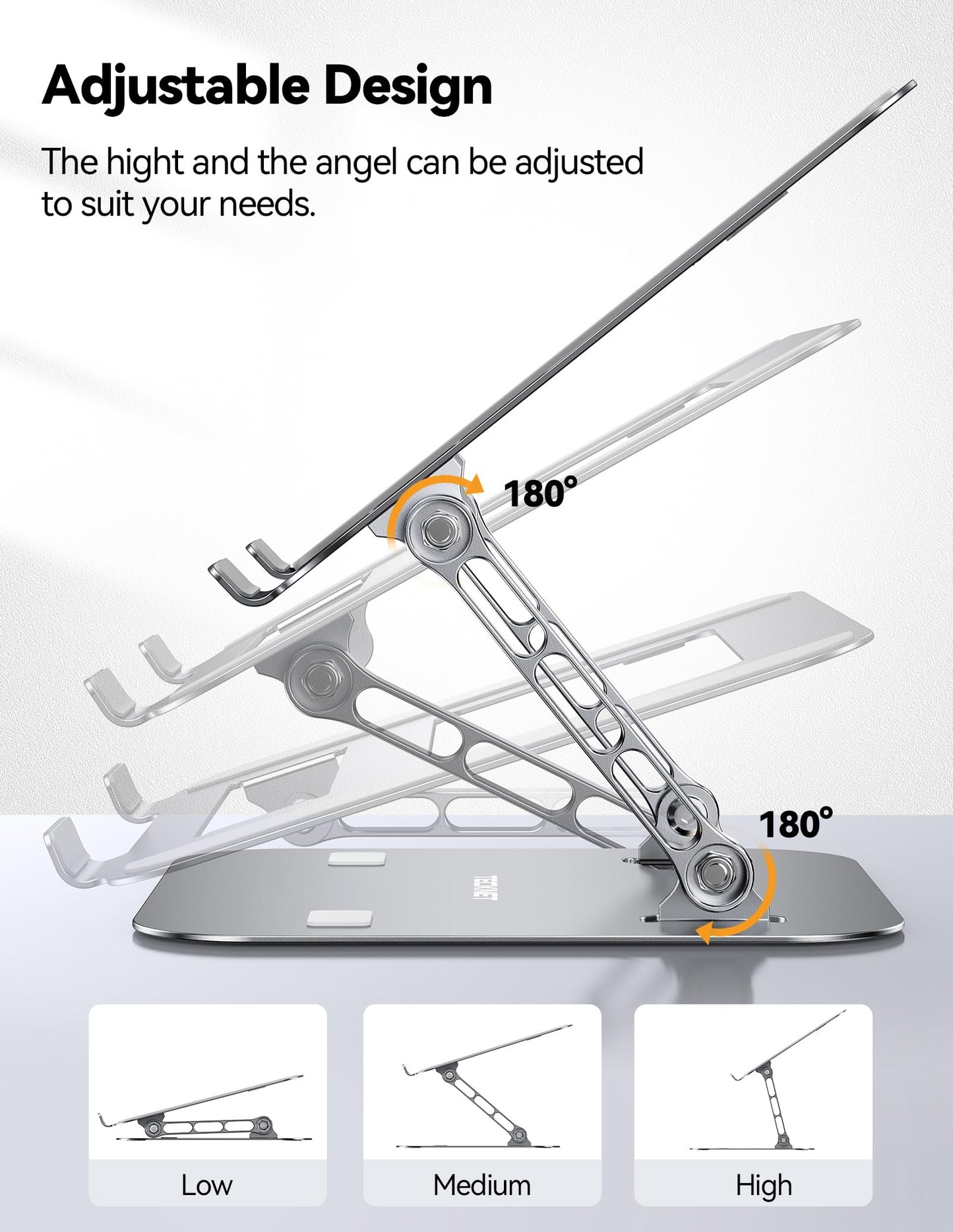 TECKNET Laptop Stand for Desk, Adjustable Laptop Holder, Silver