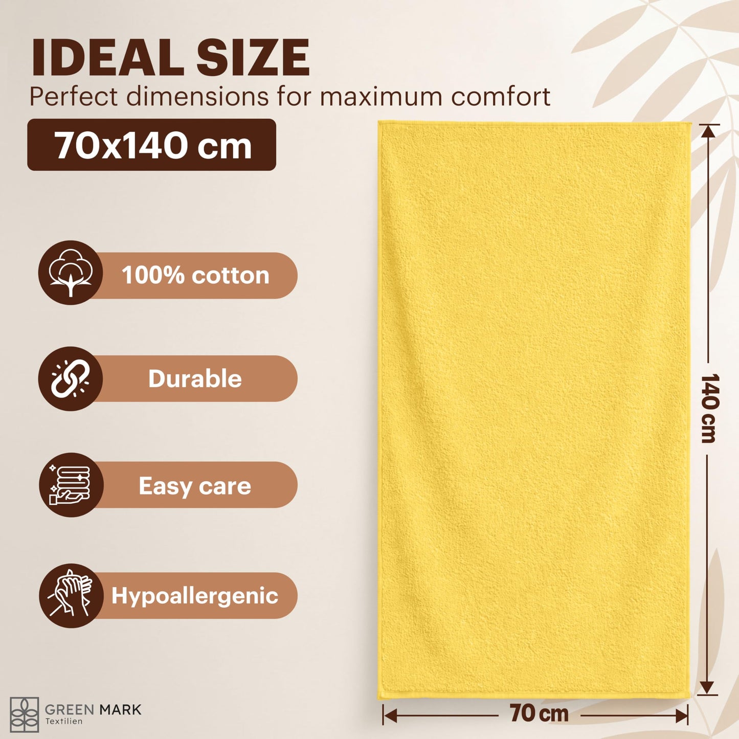 NatureMark 4-Piece Bath Towel Set – Soft & Absorbent Cotton Shower Towels for Everyday Use, Yellow, 70 x 140 cm