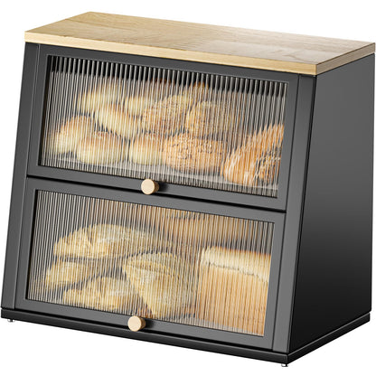 Urackify Two-Layer Large Bread Box, Bread Bins for Kitchen, Black Bread Bin with Stiped Window Door Pancel, Bread Storage with Wood Handle, kitchen