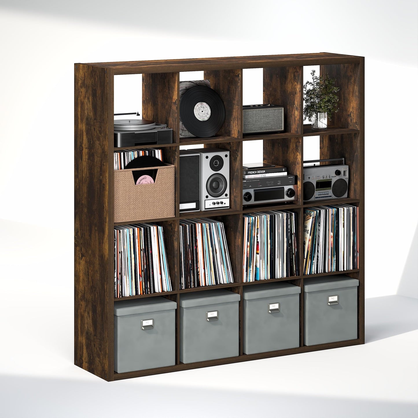 Furinno CUBICLE Record Player Stand with Vinyl Storage, 16-Cube 1.2 Extra Thick Vinyl Record Storage