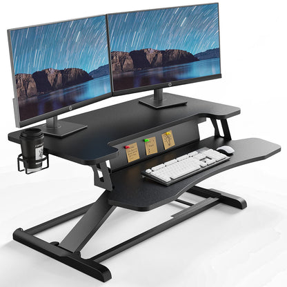 PUTORSEN Standing Desk Converter, 32'' Dual Tiered Sit-Stand Desk Riser with Keyboard Tray, Height Adjustable Computer Workstation with Cup Holder and