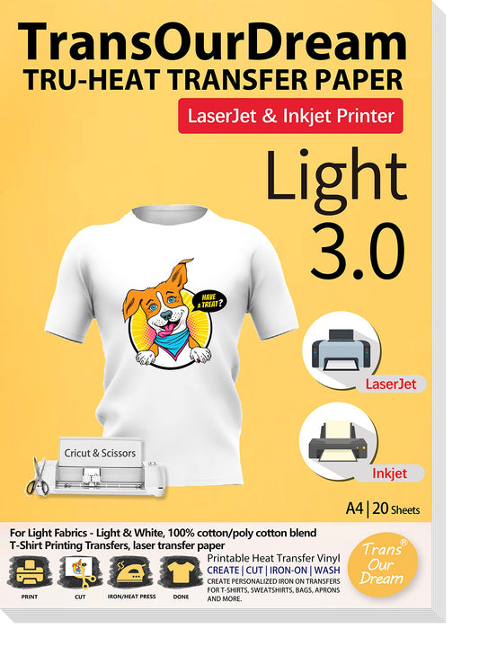 TransOurDream Tru-T Shirt Transfer Paper 20 Sheets A4 Iron On Transfers for Inkjet & Laser Printer Printable HTV Heat Transfer Vinyl for White and