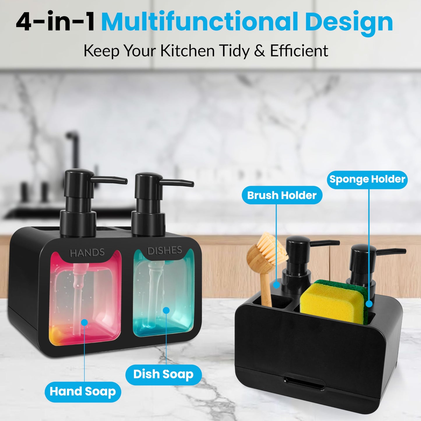 4-in-1 Kitchen Soap Dispenser Set - Dual Hand & Dish Soap Dispenser with Sponge Caddy & Brush Holder - Kitchen Sink Organizer for Countertop (Black)