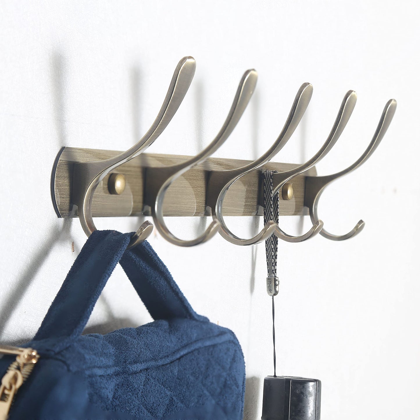 SKOLOO Coat Rack Wall Mount - Modern, Metal Wall Coat Rack with 5 Hooks, Sturdy Wall Hook Rack Rail for Hanging Coat, Jacket, Clothes, Hat, Bronze