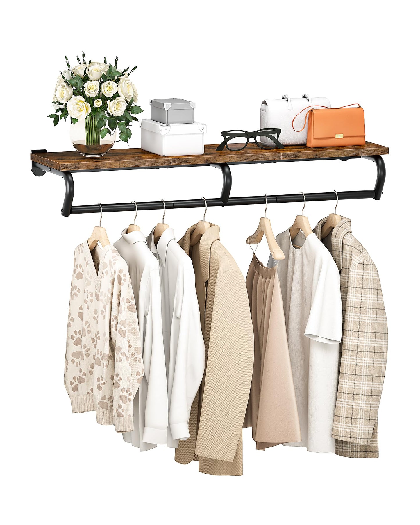 CHOEZON Wall Mounted Clothes Rack, Metal Garment Rack with Top Shelf, 110 cm Laundry Storage Shelf with Hanging Rod, for Laundry Room, Bedroom