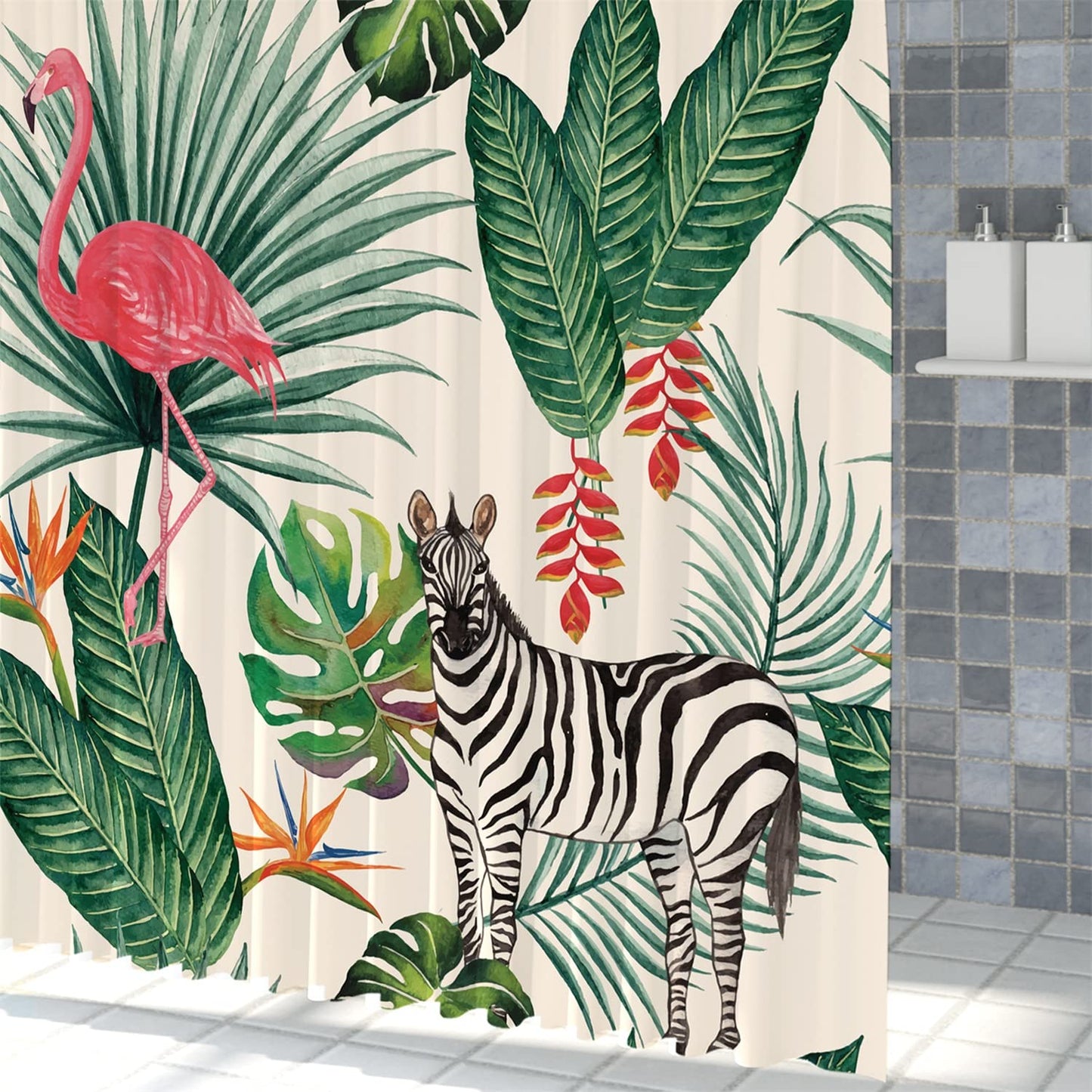 SDOTPMT 90x183cm Flamingo Shower Curtain Tropical Palm Tree Green Leaves Banana Leaf Horse Bath Curtain Summer Theme Bathtub Curtain Fabric Polyester