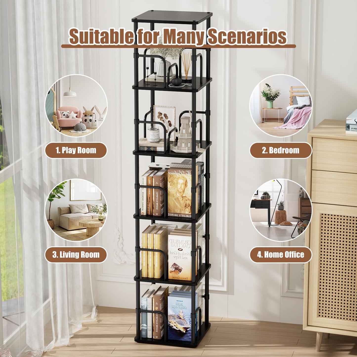5 Tier Square Rotating Bookshelf, 360° Corner Bookshelf Tower, Small Size Revolving Bookcase with Adjustable Levels