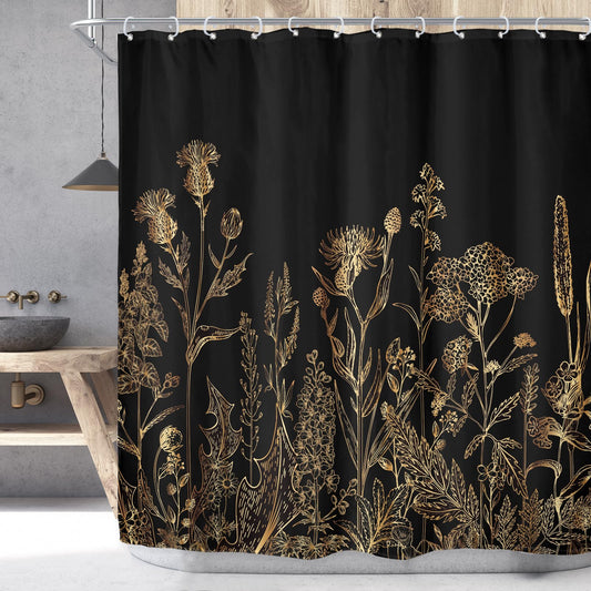 Riyidecor Black Gold Dark Floral Wildflower Shower Curtain for Bathroom Decor 72Wx72H Rustic Botanical Herbs Plant Leaves Vintage Nature Art Printed