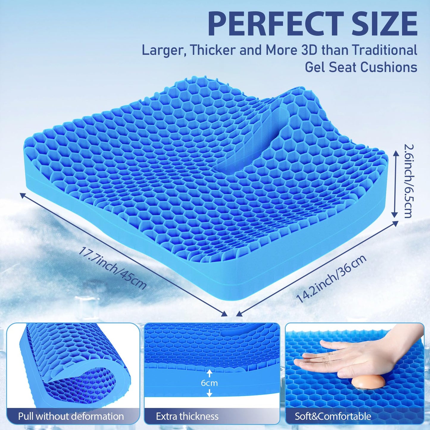 Benazcap Gel Seat Cushion, Soft Sitter Cushion Large Double Thick Gel Cushion, Honeycomb Ergonomic Cushions for Pressure Relief & Coccyx Pain Relief