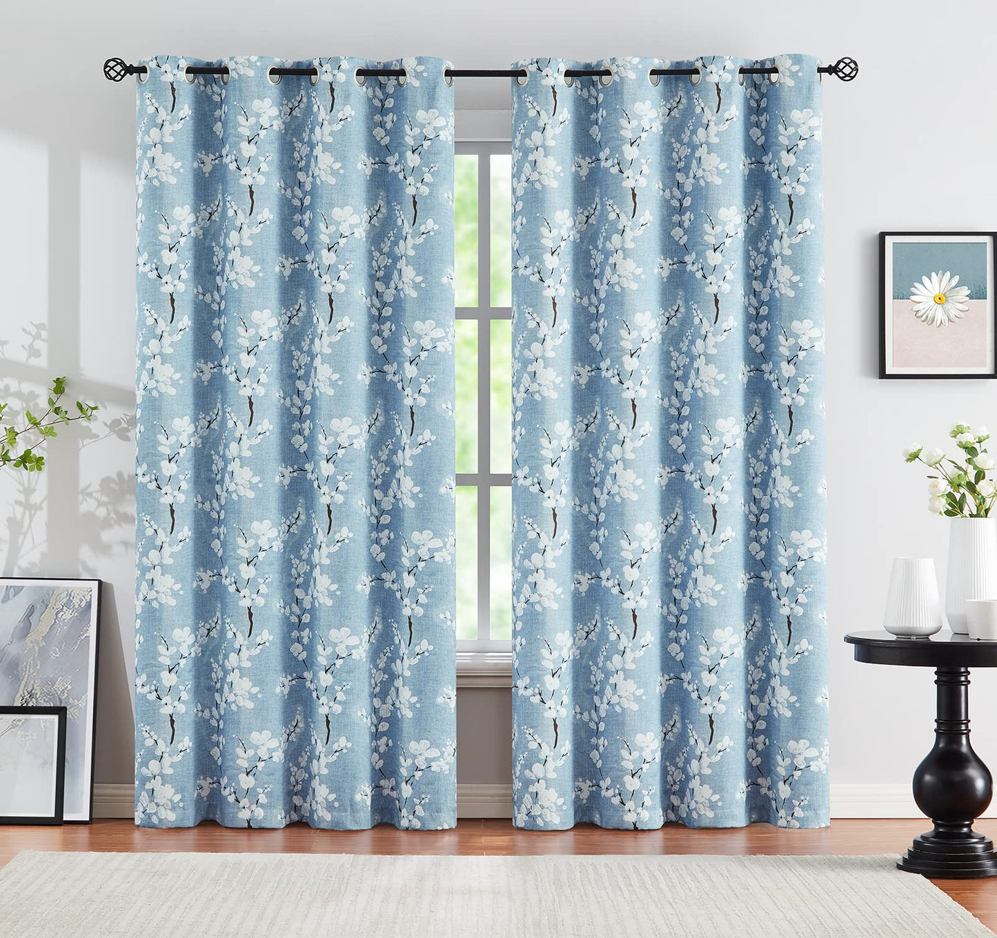 Fmfunctex Blue Floral Blackout Curtains for Bedroom 90 inch Drop Eyelet Curtains for Living Room Nursary Blossom Thermal Insulated Window Curtain